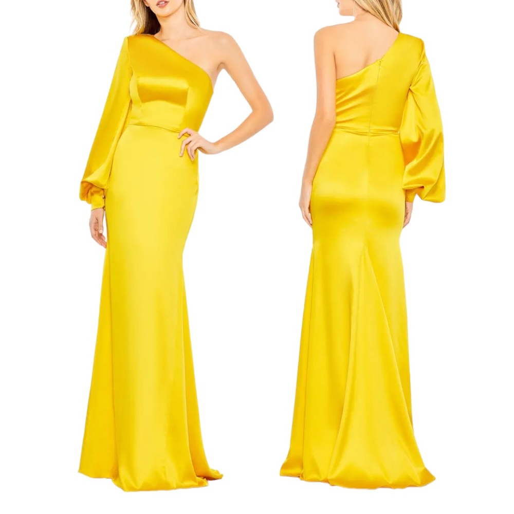NWOT IEENA FOR MAC DUGGAL | One-Shoulder Long Sleeve Column Gold Yellow Gown 12